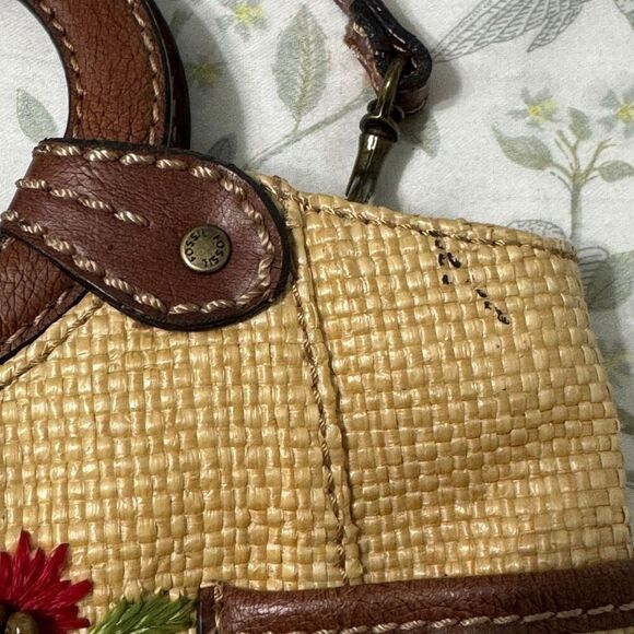 Fossil Vintage Cottage Straw Embroidered Flowers Leather Trim Mini Purse - Picture 3 of 6